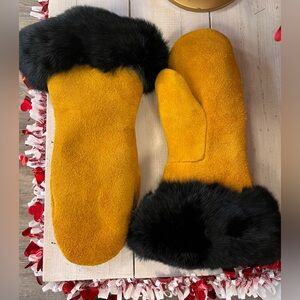 Golden Moose hide Mittens with Black Fur Trim